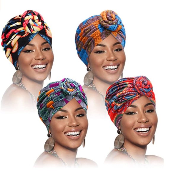 4 Pieces African Pattern Headwrap Pre-Tied Bonnet Turban Knot Beanie - Picture 1 of 6